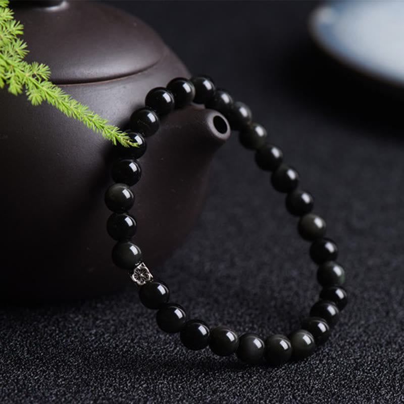 Nimara Ritual Black Obsidian Bead 925 Sterling Silver Flower Design Purification Bracelet