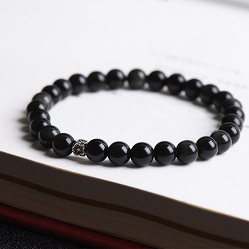 Nimara Ritual Black Obsidian Bead 925 Sterling Silver Flower Design Purification Bracelet