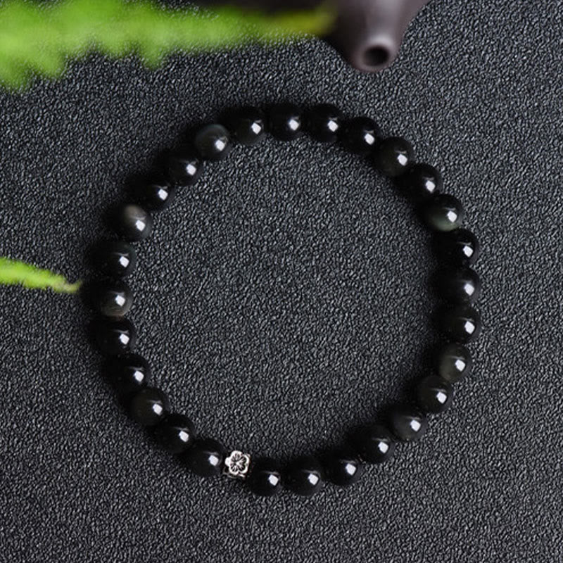 Nimara Ritual Black Obsidian Bead 925 Sterling Silver Flower Design Purification Bracelet