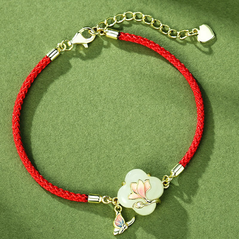 Nimara Ritual 925 Sterling Silver Hetian Jade Magnolia Flower Butterfly Luck Chain Bracelet