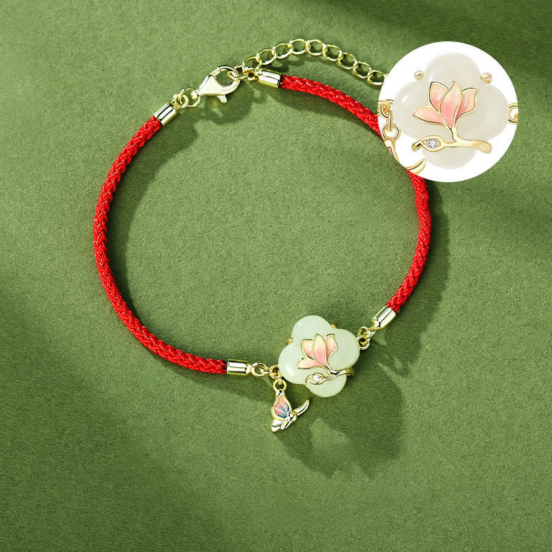 Nimara Ritual 925 Sterling Silver Hetian Jade Magnolia Flower Butterfly Luck Chain Bracelet