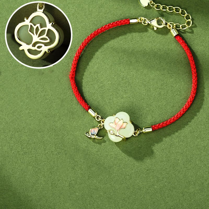 Nimara Ritual 925 Sterling Silver Hetian Jade Magnolia Flower Butterfly Luck Chain Bracelet