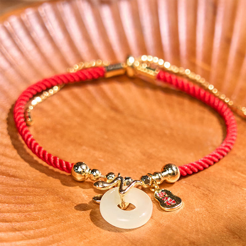 Nimara Ritual Copper Plated Gold Jade Peace Buckle Fu Character Year Of The Snake Red String Luck Bracelet