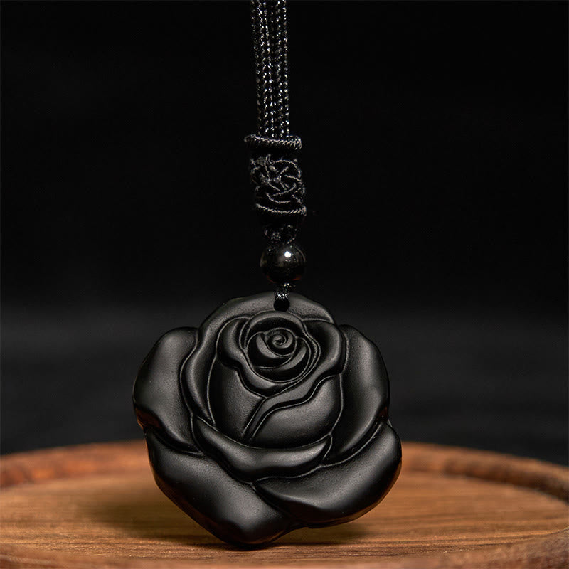 Nimara Ritual Black Obsidian String Black Rose Purification Necklace Pendant