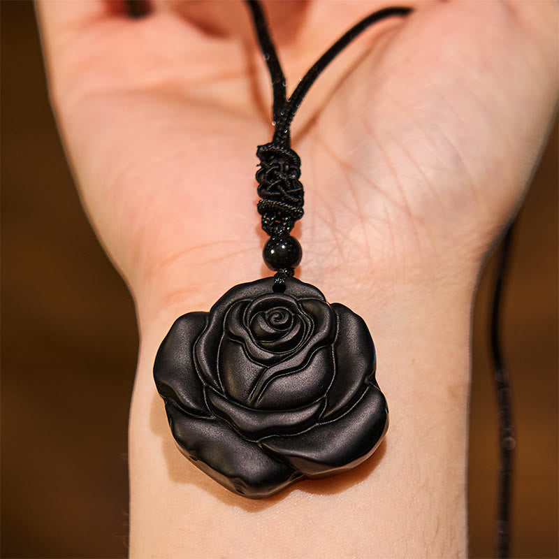 Nimara Ritual Black Obsidian String Black Rose Purification Necklace Pendant