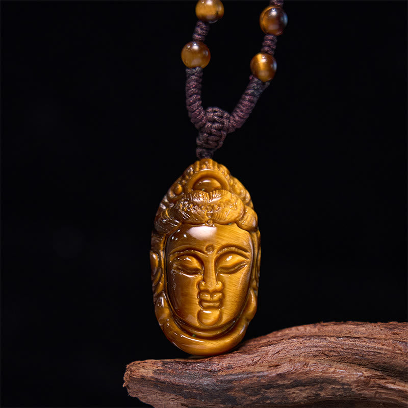 Nimara Ritual Tiger Eye Kwan Yin Avalokitesvara Head String Strength Necklace Pendant