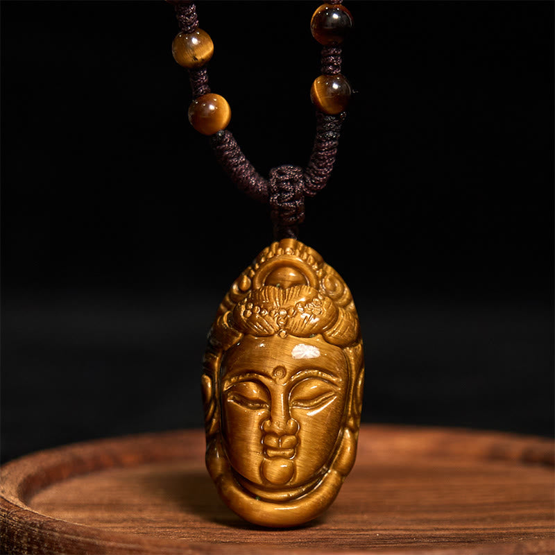 Nimara Ritual Tiger Eye Kwan Yin Avalokitesvara Head String Strength Necklace Pendant