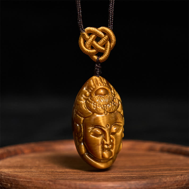 Nimara Ritual Tiger Eye Kwan Yin Avalokitesvara Head String Strength Necklace Pendant
