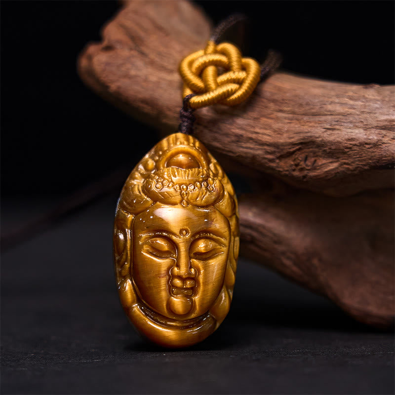 Nimara Ritual Tiger Eye Kwan Yin Avalokitesvara Head String Strength Necklace Pendant