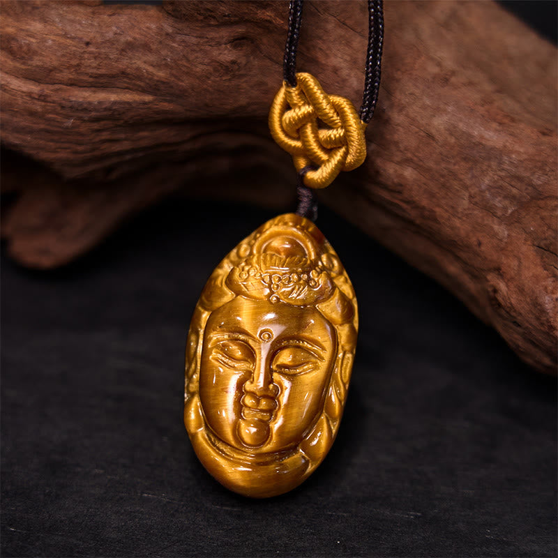 Nimara Ritual Tiger Eye Kwan Yin Avalokitesvara Head String Strength Necklace Pendant