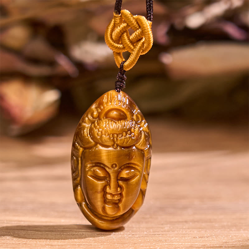 Nimara Ritual Tiger Eye Kwan Yin Avalokitesvara Head String Strength Necklace Pendant