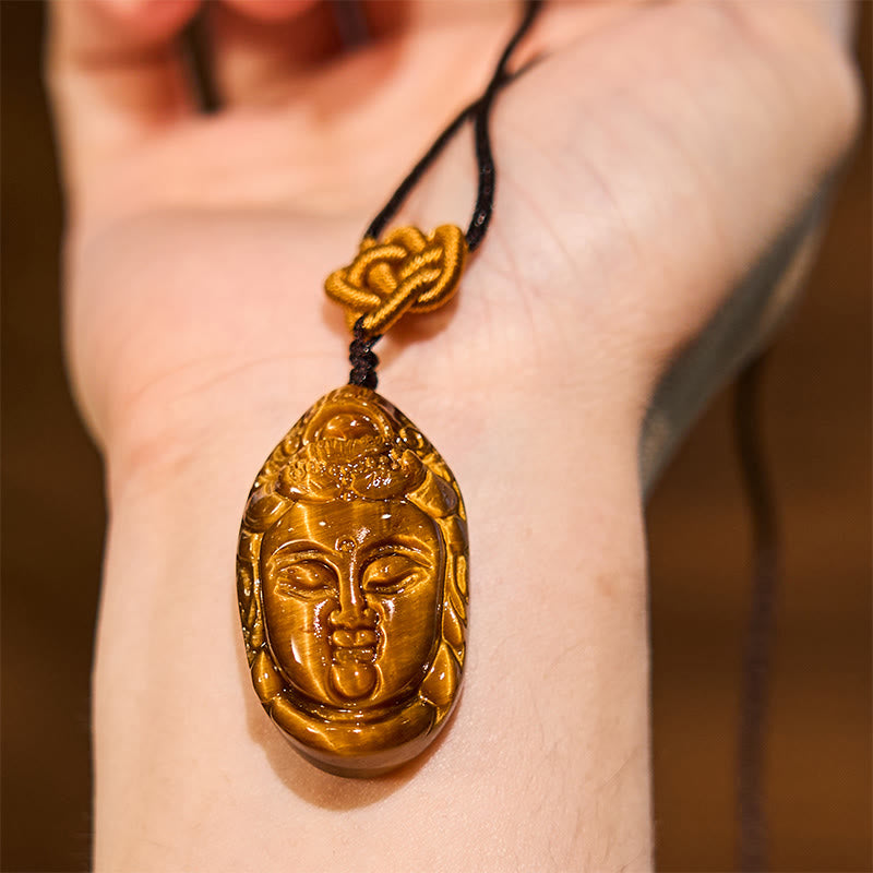 Nimara Ritual Tiger Eye Kwan Yin Avalokitesvara Head String Strength Necklace Pendant