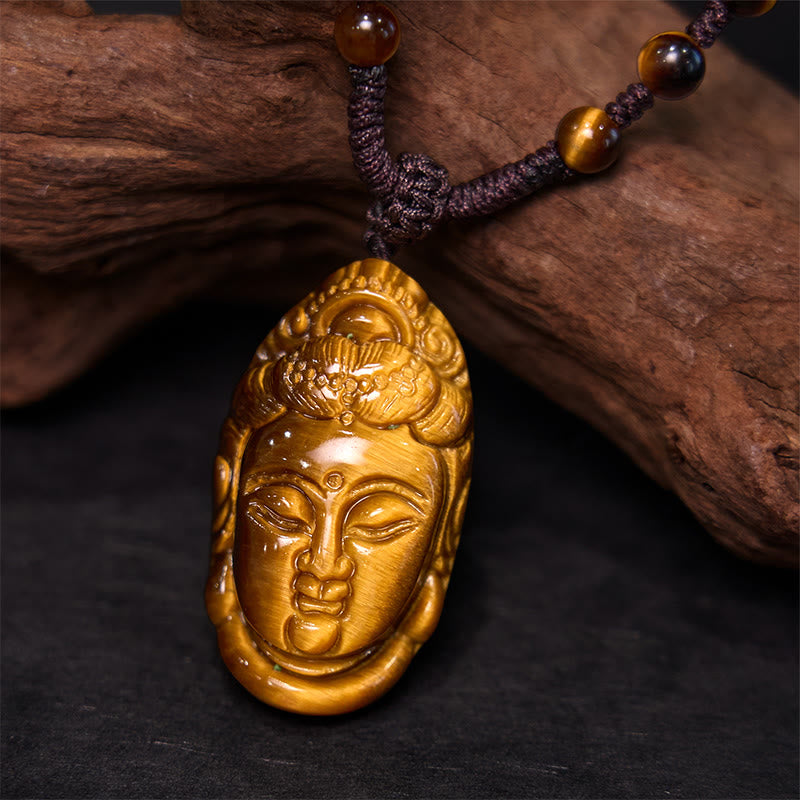 Nimara Ritual Tiger Eye Kwan Yin Avalokitesvara Head String Strength Necklace Pendant