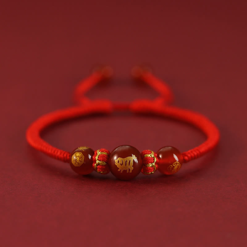 Nimara Ritual Handmade Red Agate Chinese Zodiac Red String Braided Protection Bracelet