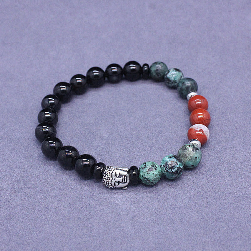 Nimara Ritual Natural Black Onyx White Stone Green Aventurine Tiger Eye Agate Mixed Color Buddha Head Protection Bracelet