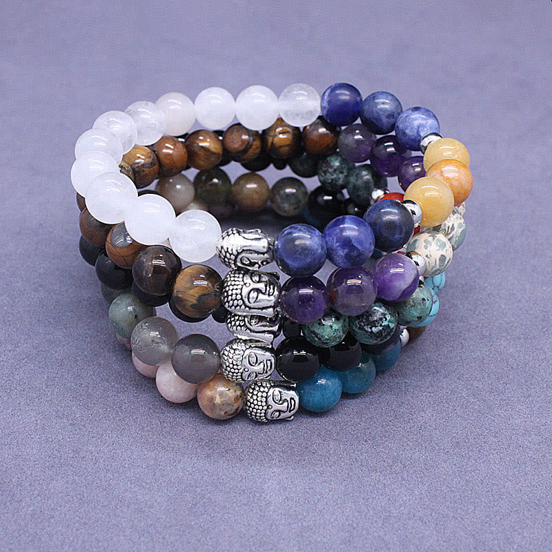Nimara Ritual Natural Black Onyx White Stone Green Aventurine Tiger Eye Agate Mixed Color Buddha Head Protection Bracelet