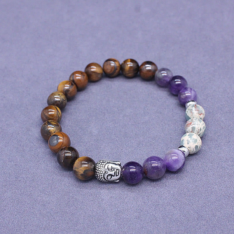 Nimara Ritual Natural Black Onyx White Stone Green Aventurine Tiger Eye Agate Mixed Color Buddha Head Protection Bracelet