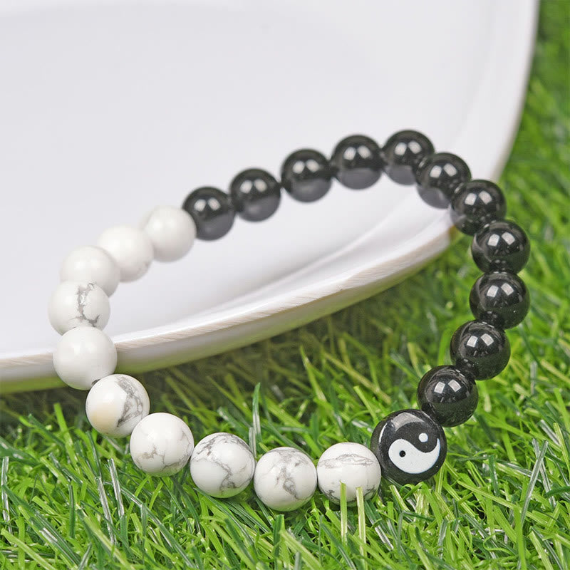 Nimara Ritual Natural Obsidian White Turquoise Yinyang Tai Chi Strength Bracelet