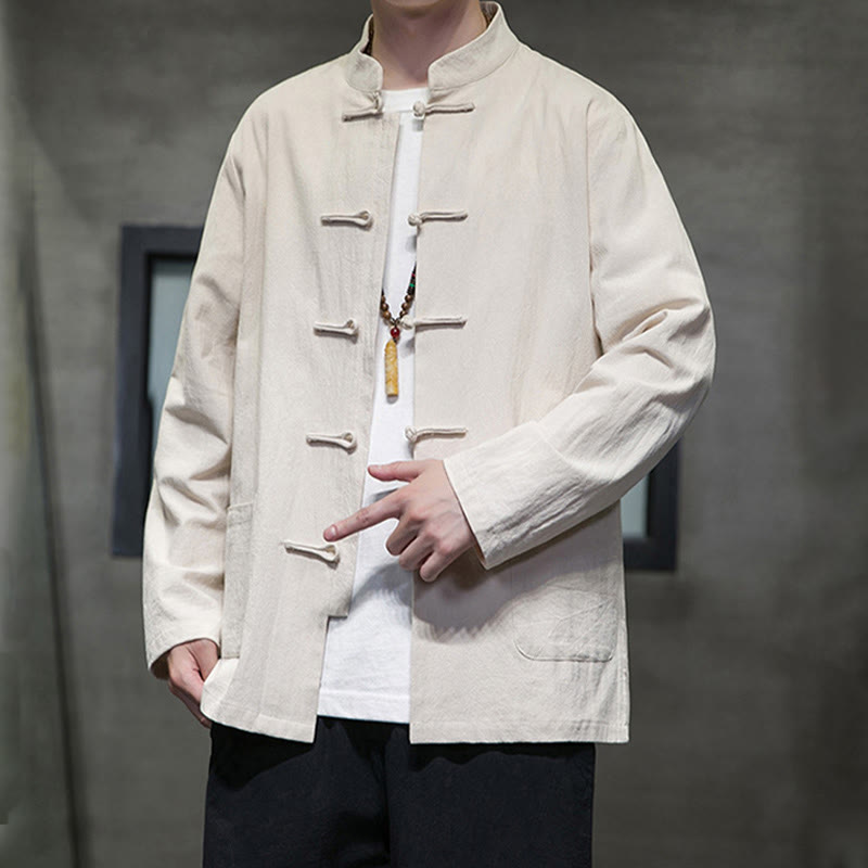 Nimara Ritual Solid Color Frog-button Tang Suit Cotton Linen Men's Jacket Shirt With Pockets