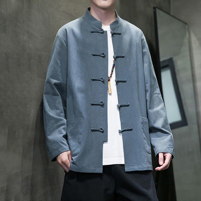 Nimara Ritual Solid Color Frog-button Tang Suit Cotton Linen Men's Jacket Shirt With Pockets