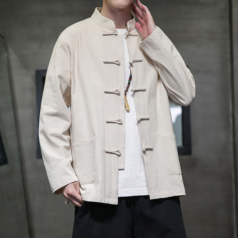 Nimara Ritual Solid Color Frog-button Tang Suit Cotton Linen Men's Jacket Shirt With Pockets