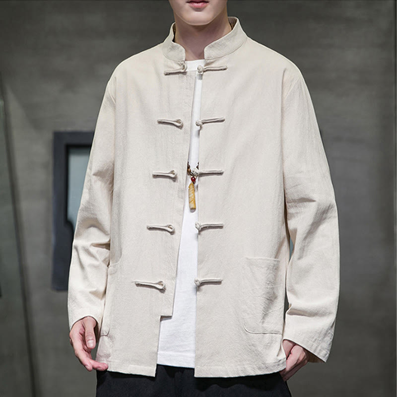 Nimara Ritual Solid Color Frog-button Tang Suit Cotton Linen Men's Jacket Shirt With Pockets