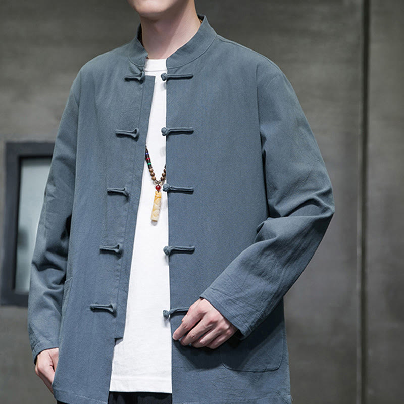 Nimara Ritual Solid Color Frog-button Tang Suit Cotton Linen Men's Jacket Shirt With Pockets