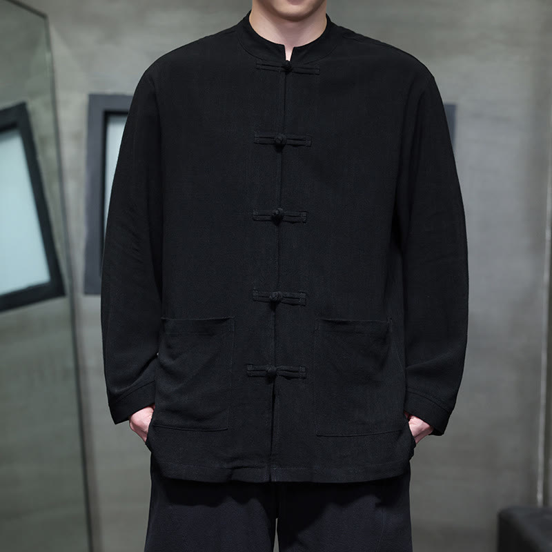 Nimara Ritual Casual Plain Color Frog-button Linen Men's Jacket Shirt With Pockets