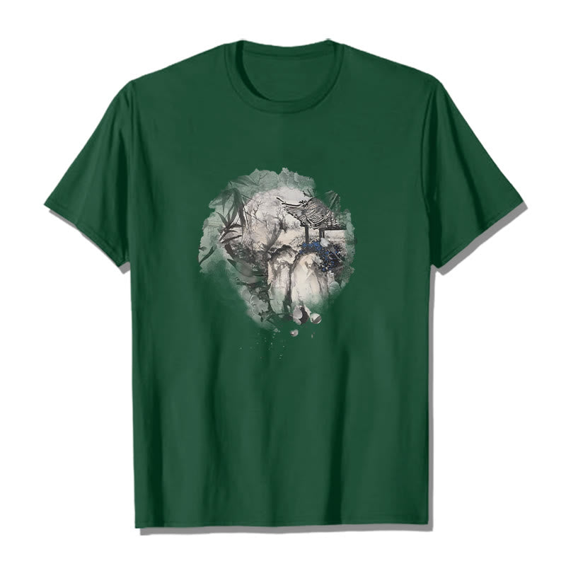 Nimara Ritual Chinese Bamboo Mountain Pavilion Design Pattern Tee T-shirt