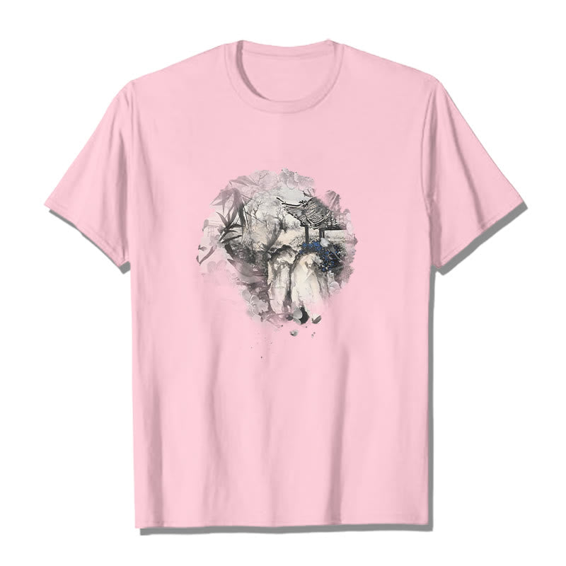 Nimara Ritual Chinese Bamboo Mountain Pavilion Design Pattern Tee T-shirt