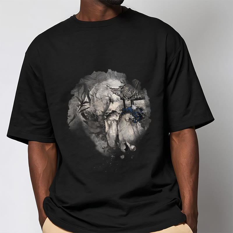 Nimara Ritual Chinese Bamboo Mountain Pavilion Design Pattern Tee T-shirt