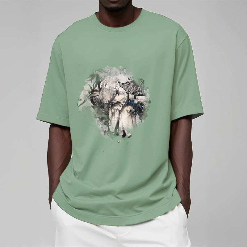 Nimara Ritual Chinese Bamboo Mountain Pavilion Design Pattern Tee T-shirt