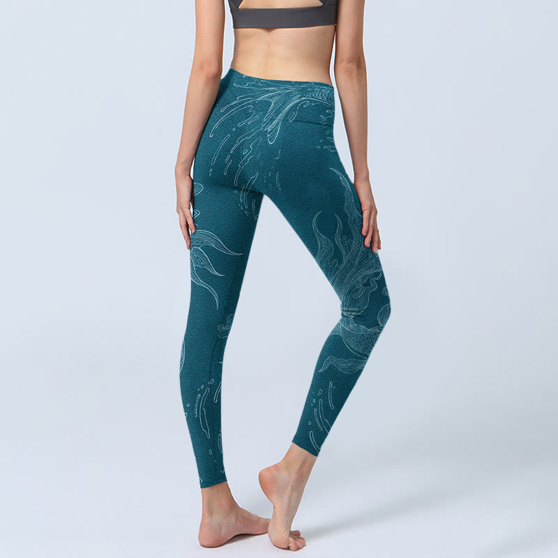 Nimara Ritual Blue Koi Fish Flowing Waves Print Gym Leggings Women's Yoga Pants