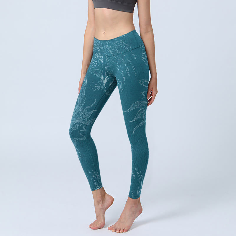 Nimara Ritual Blue Koi Fish Flowing Waves Print Gym Leggings Women's Yoga Pants
