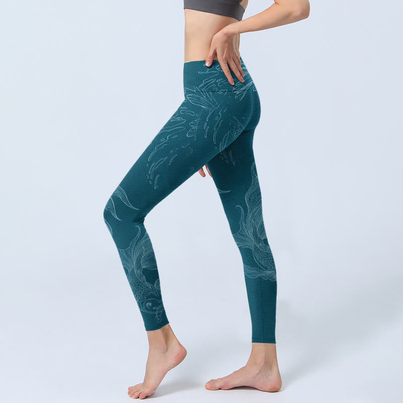 Nimara Ritual Blue Koi Fish Flowing Waves Print Gym Leggings Women's Yoga Pants