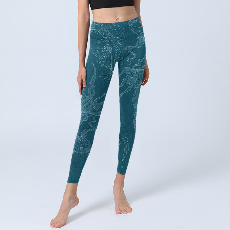 Nimara Ritual Blue Koi Fish Flowing Waves Print Gym Leggings Women's Yoga Pants