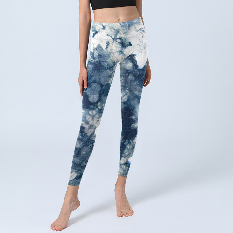 Nimara Ritual Blue Lily Flowers Watercolor Texture Print Gym Leggings Women's Yoga Pants