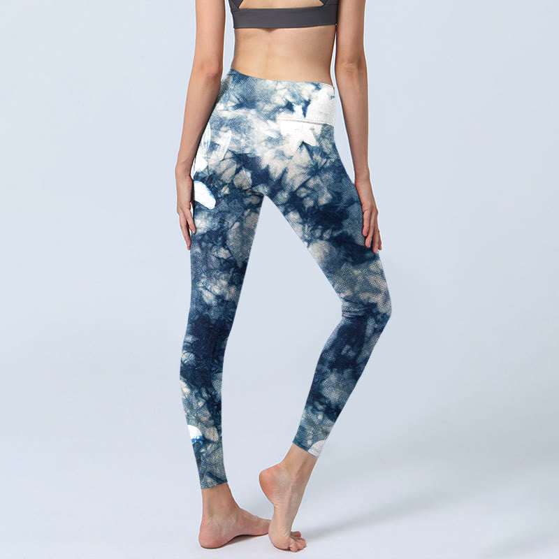 Nimara Ritual Blue Lily Flowers Watercolor Texture Print Gym Leggings Women's Yoga Pants