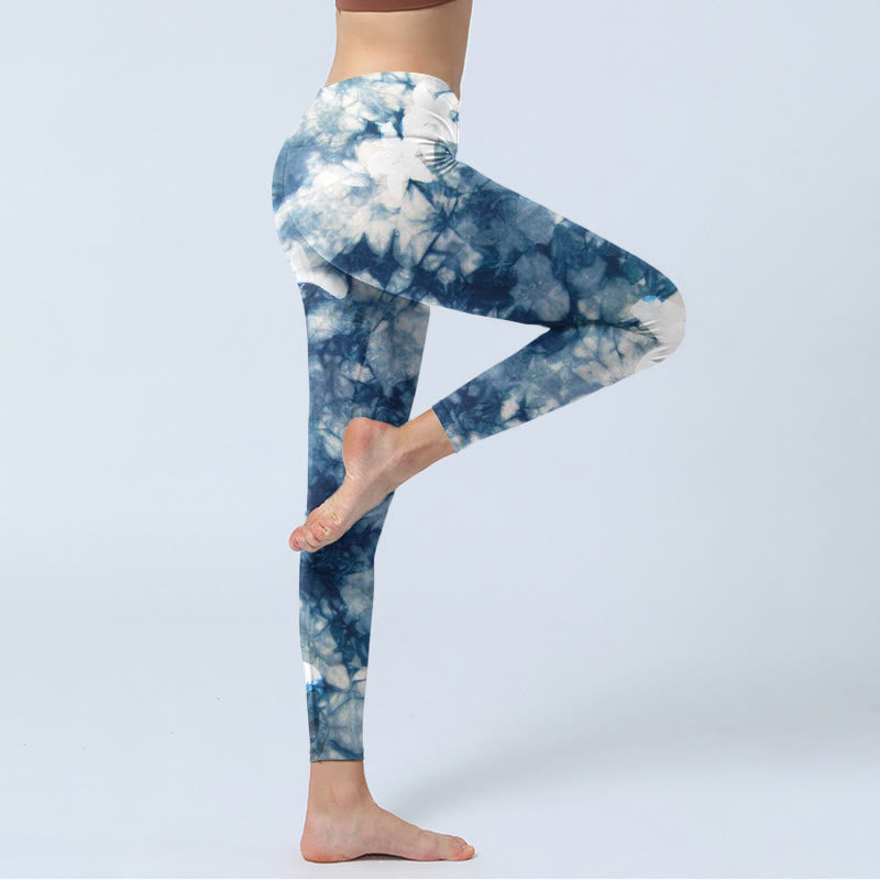 Nimara Ritual Blue Lily Flowers Watercolor Texture Print Gym Leggings Women's Yoga Pants