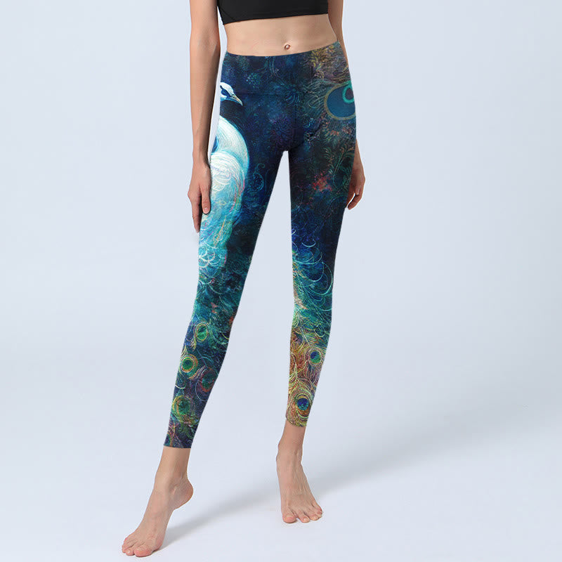 Nimara Ritual Blue Peacock Colorful Feathers Print Gym Leggings Women's Yoga Pants