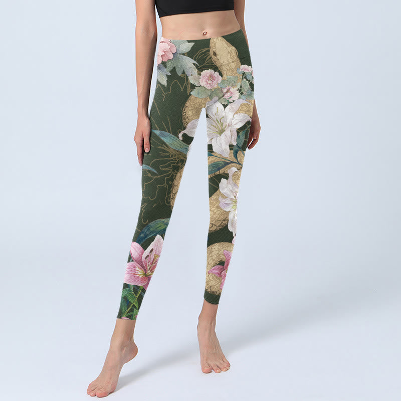 Nimara Ritual Green Golden Snake Lily Peony Flowers Print Gym Leggings Women's Yoga Pants