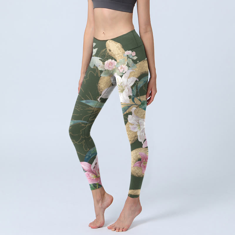Nimara Ritual Green Golden Snake Lily Peony Flowers Print Gym Leggings Women's Yoga Pants