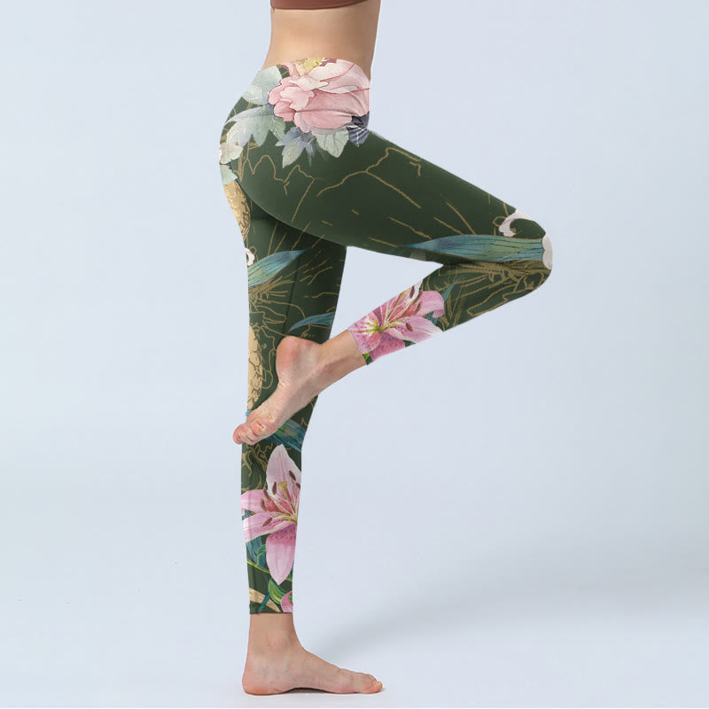 Nimara Ritual Green Golden Snake Lily Peony Flowers Print Gym Leggings Women's Yoga Pants
