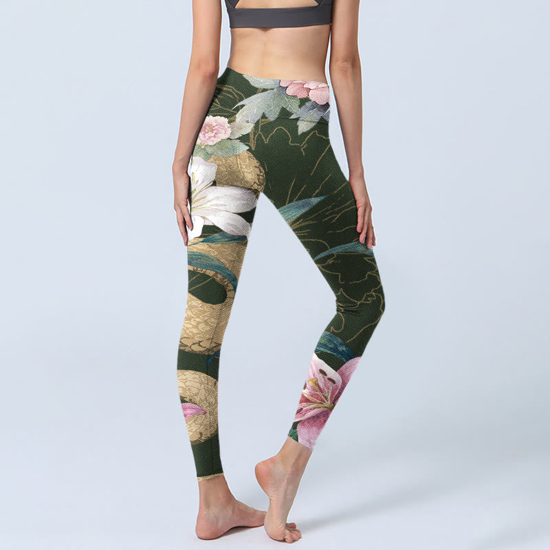 Nimara Ritual Green Golden Snake Lily Peony Flowers Print Gym Leggings Women's Yoga Pants