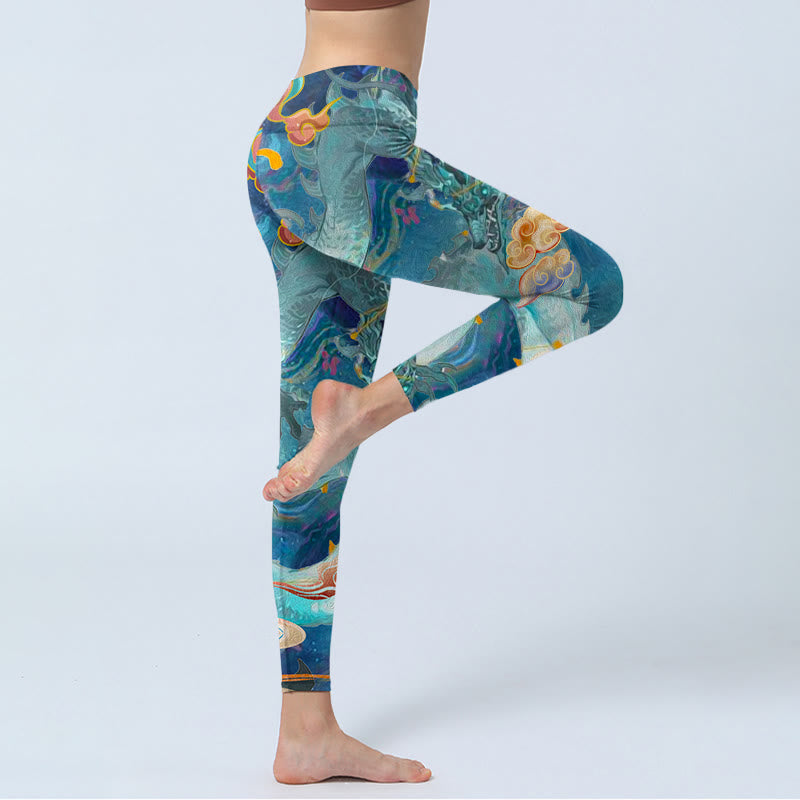 Nimara Ritual Blue Dragon Auspicious Clouds Print Gym Leggings Women's Yoga Pants