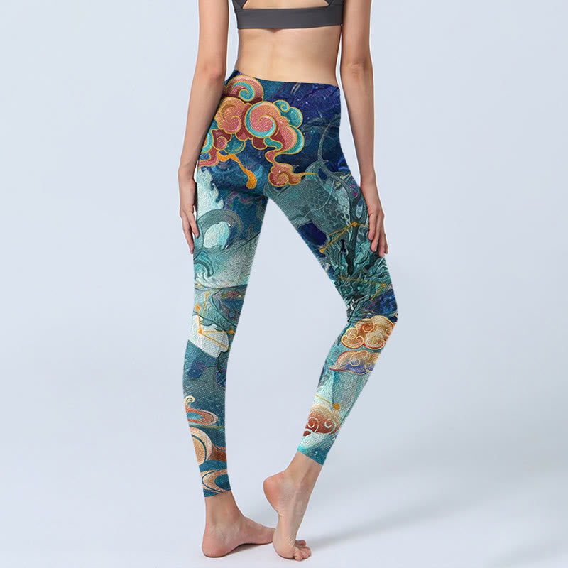 Nimara Ritual Blue Dragon Auspicious Clouds Print Gym Leggings Women's Yoga Pants