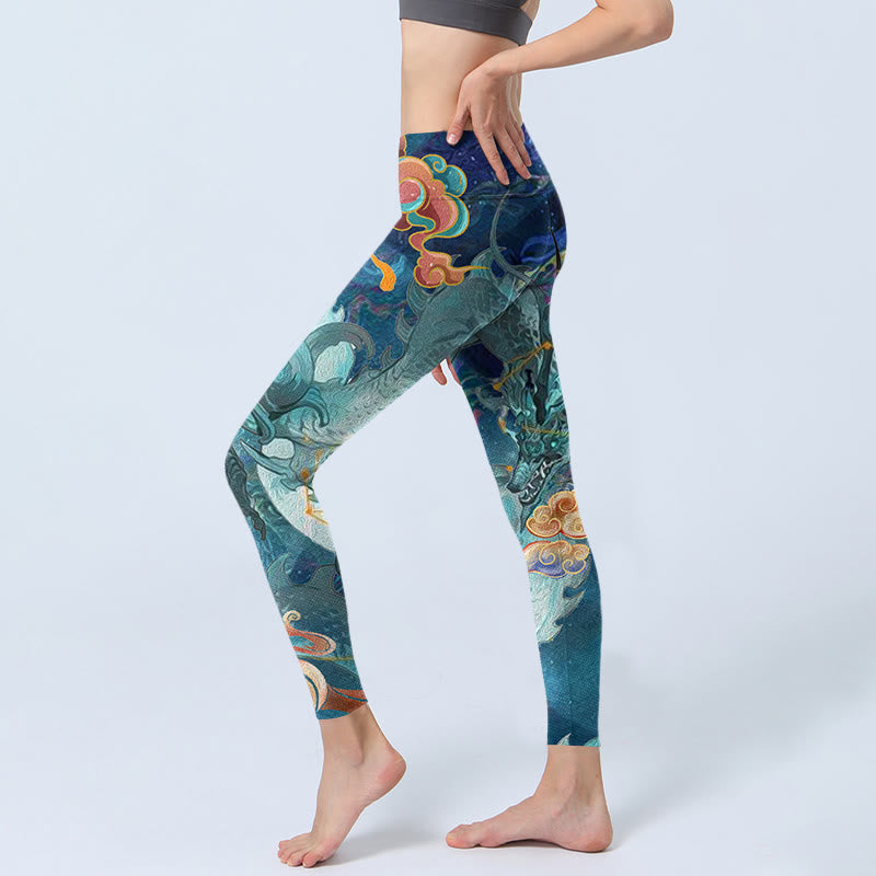 Nimara Ritual Blue Dragon Auspicious Clouds Print Gym Leggings Women's Yoga Pants