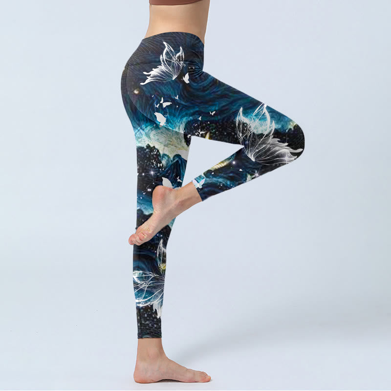 Nimara Ritual Blue Butterfly Water Waves Moon Print Gym Leggings Women's Yoga Pants