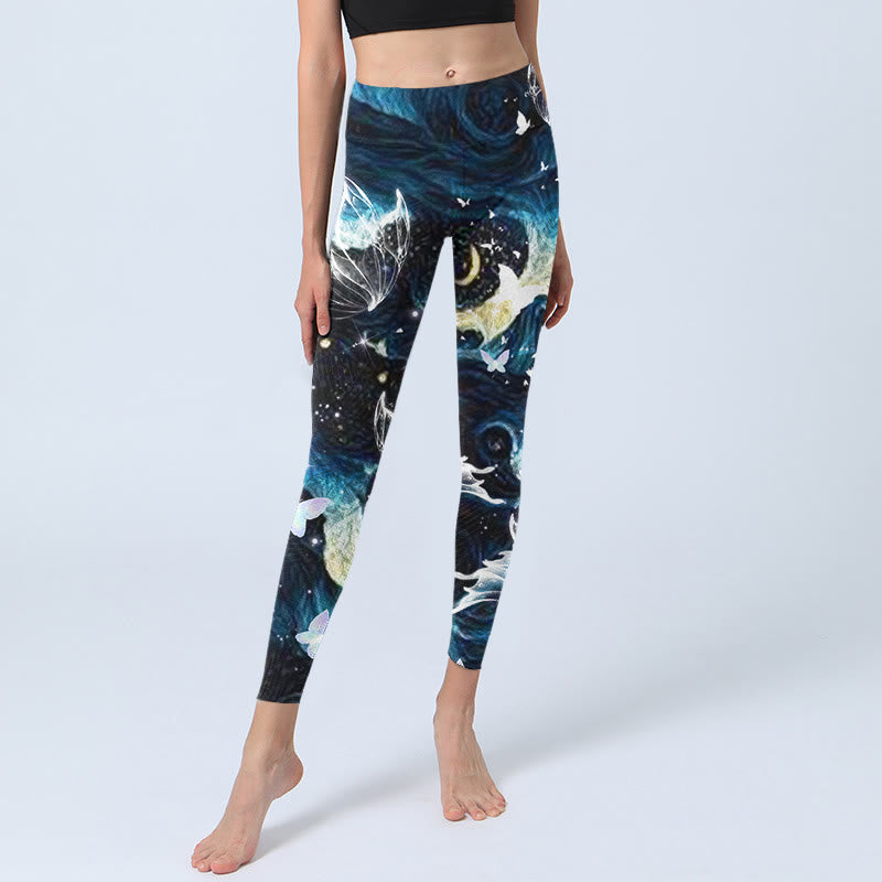 Nimara Ritual Blue Butterfly Water Waves Moon Print Gym Leggings Women's Yoga Pants