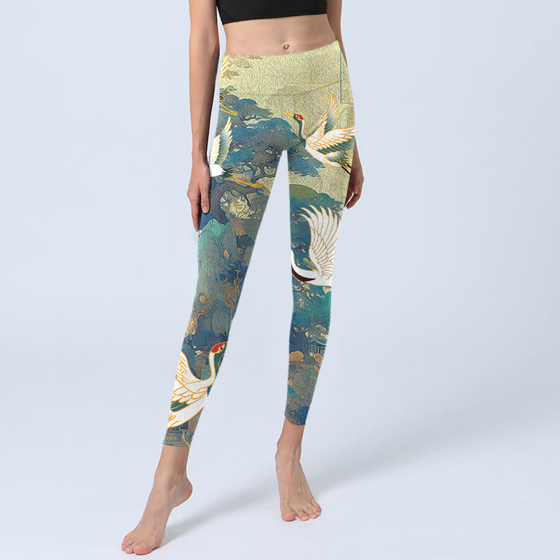 Nimara Ritual Blue Red-crowned Crane Pine Tree Print Gym Leggings Women's Yoga Pants